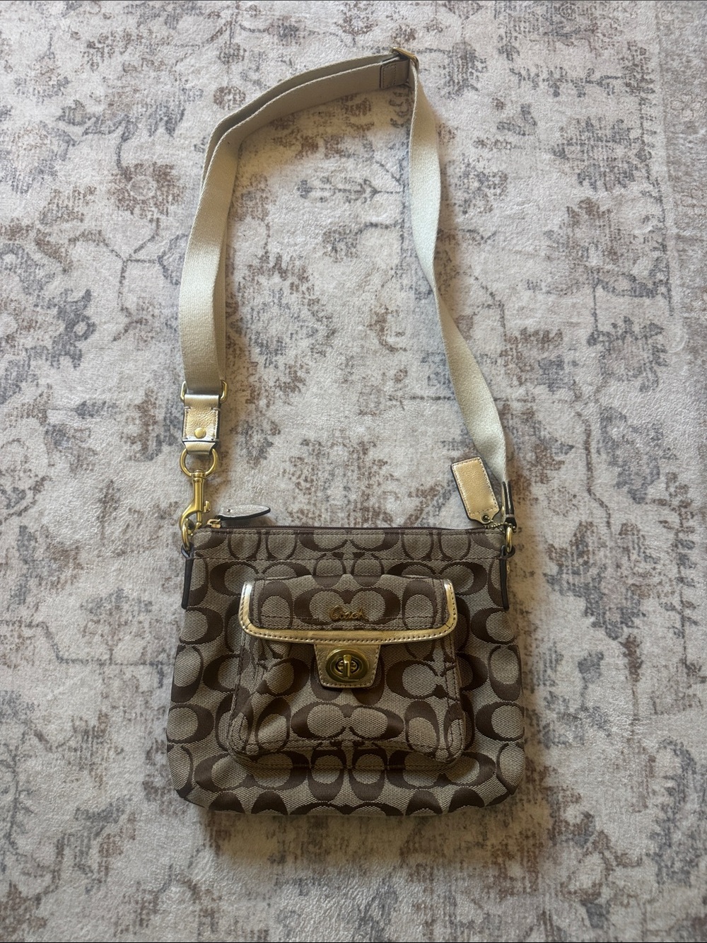 Coach Beige & Brown Signature Crossbody with Gold Trim
